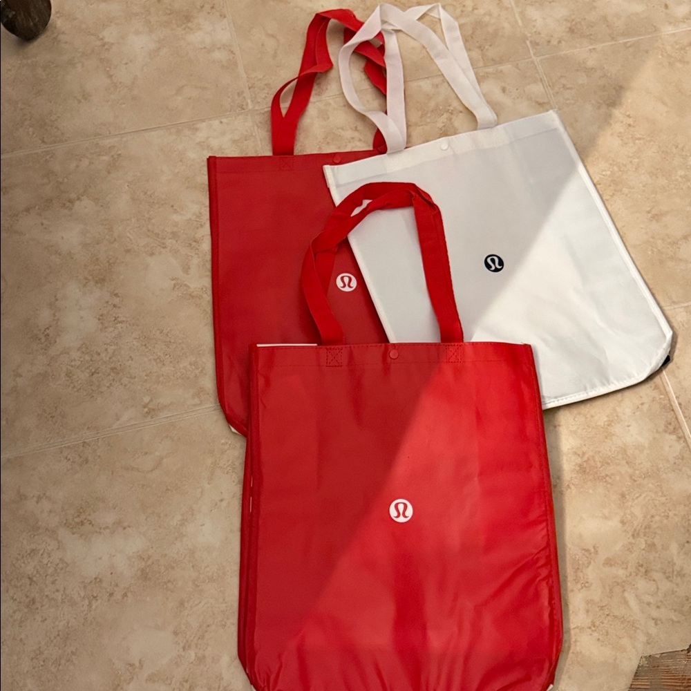 Set of 3 new large Lululemon white and red Tote Bags